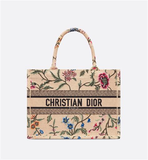 Medium Dior Book Tote Beige Raffia Embroidered with Multicolor 